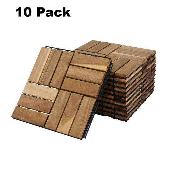 IVV 10 Pack Acacia Wood Interlocking Deck Tiles, 12"x12" Square Outdoor Patio Flooring for Balcony, Poolside, Garden - Checker Pattern, Yellow