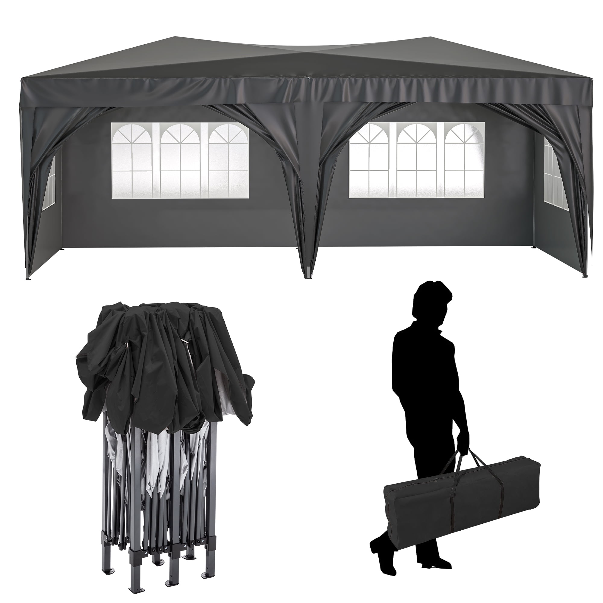 Black 10' x 20' Heavy Duty Pop-Up Canopy Tent with Sidewalls