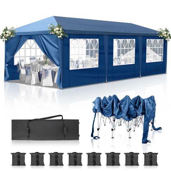 IVV 10' x 30' Outdoor Canopy Tent Blue Wedding Gazebo Party Practical Waterproof Tent with Brighter Windows, 8 Removable Side Walls and Roller Bag