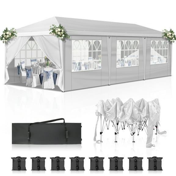 IVV 10x30ft Canopy Tent with 8 Sidewalls, Heavy Duty Party Tent Tents for Parties, Foldable Waterproof Commercial Easy up Canopy with Roller Bag, White
