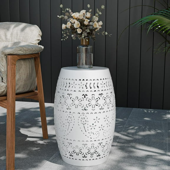 IVV 12" Round Side Table, Home Decor Steel Plant Stand, Outdoor Accent Table Modern Nightstand Patio End Table for Living Room, Bedroom or Balcony, No Assembly (White)