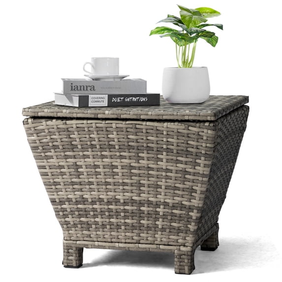 IVV 13 Gallon Small Deck Storage Box with Lid, Outdoor Storage Container for Hose Cushion Towel, Patio Rattan Wicker Side Table with Storage - Gray