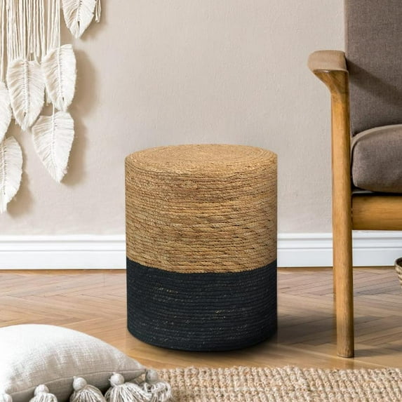 IVV 14" Boho Round Foot Stool Ottoman - Hand Weave Sitting Braided Footrest for Living Room, Bedroom, Entryway - Natural & Black