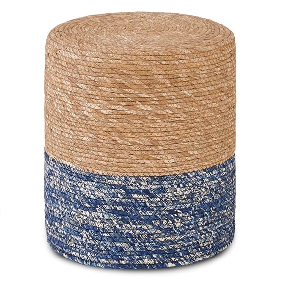 IVV 14in Round Pouf, Contemporary Upholstered Footstool in Natural and Blue, Boho Style Water Hyacinth Hand Weaving Pouffe Sitting Stool, for the Living Room, Bedroom and Kids Room