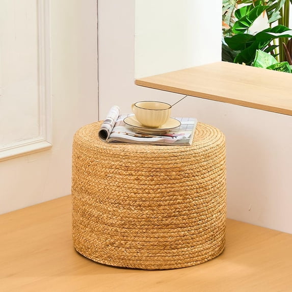 IVV 15.7" Natural Water Hyacinth Round Ottoman, No Assembly Handmade Woven Foot Stool for Seating, Footrest, or Decorative Accent
