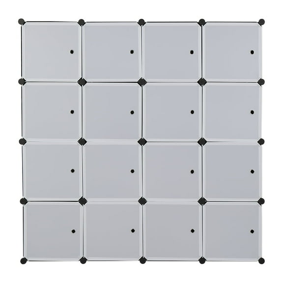 IVV 16 Cube Organizer Stackable Plastic Cube Storage Shelves Design Multifunctional Modular Closet Cabinet With Hanging Rod White Doors And Black Panels