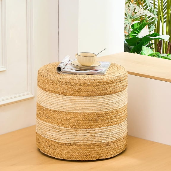IVV 17.7" Round Ottoman, Handmade Woven Water Hyacinth Foot Stool, No Assembly, for Home Decor & Seating (Natural & Beige)