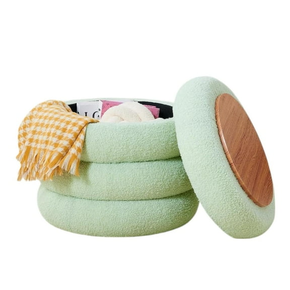 IVV 18.3" Round Storage Ottoman with Flip-Top Tray – Upholstered Teddy Vanity Stool, No-Assembly Footrest for Living Room, Bedroom, Makeup Room – 350LBS Weight Capacity, Green