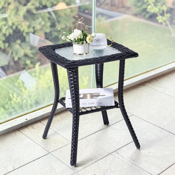 IVV 18-inch Outdoor Square Side Table, 2-Tier Wicker Rattan Patio Table w/ Ripple Glass Top & Powder-Coated Steel Frame, Easy Assembly, Black