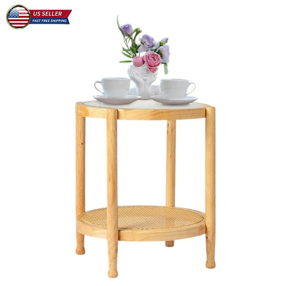 IVV 19.7" Round Side Table with Glass Top and Hand-Woven Rattan Shelf, Natural Rubberwood Frame Small End Table for Living Room, Balcony, Patio