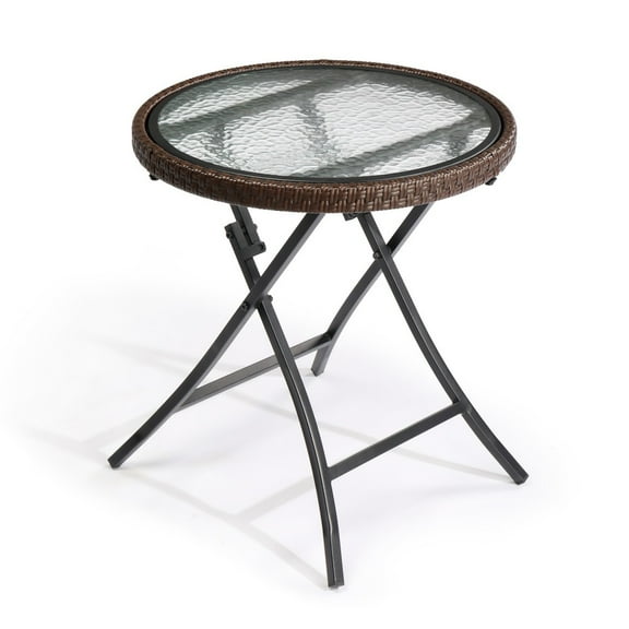 IVV 19" Outdoor Folding Side Table, Patio Round Coffee Table with Glass Top, Wicker-Rimmed Frame and Metal Legs, Space-Saving Design, for Deck, Backyard, Poolside (Brown)