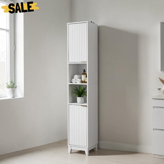 IVV 2-Door Tall Bathroom Cabinet, Space-Saving Freestanding Narrow Home Organizer with Adjustable Shelves & Open Compartments, 11.77"L x 10.83"W x 66.89"H, White