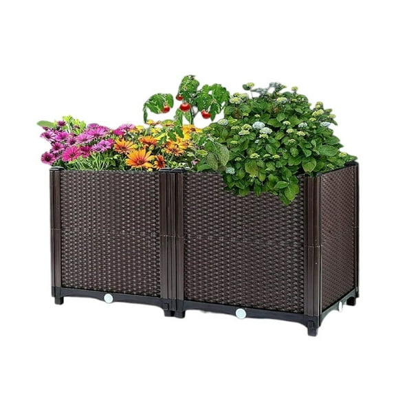 IVV 2 Pack Elevated Plastic Raised Garden Bed Planter Kit, Outdoor Planters Above Ground Flower Vegetable Standing Planter Box for Patio Deck Porch W/Drainage Holes (Brown)