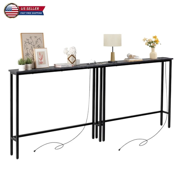 IVV 2 Pack Narrow Entryway Console Table with Charging Station, Skinny Behind Couch Table, 39.4" Sofa Tables for Living Room, Hallway, Foyer, Black