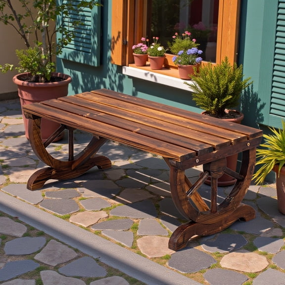 IVV 2-Person Wooden Garden Bench, Outdoor Wagon Wheel Porch Bench for Backyard Garden, Support 660 LBS, Rustic Country Style Patio Furniture, Brown