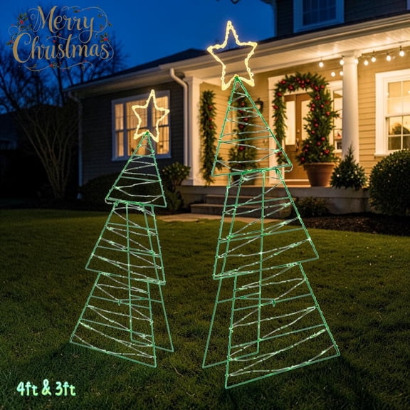 IVV 2-Piece Lighted Christmas Trees, 4ft & 3ft Battery-Operated Metal Xmas Tree, 2D Prelit Outdoor Yard Holiday Decoration with 150 LED Lights, Green