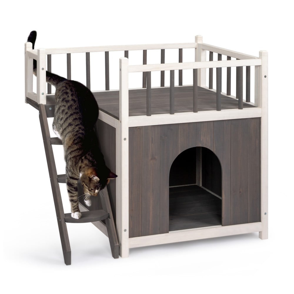 2-Story Gray and White Wooden Outdoor Cat House with Stairs