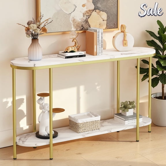 IVV 2-Tier Console Table with Faux Marble Top, 42 Inch Entryway Table with Open Shelf, Narrow Sofa Table with Metal Frame for Living Room, Hallway, Easy Assembly, White & Gold