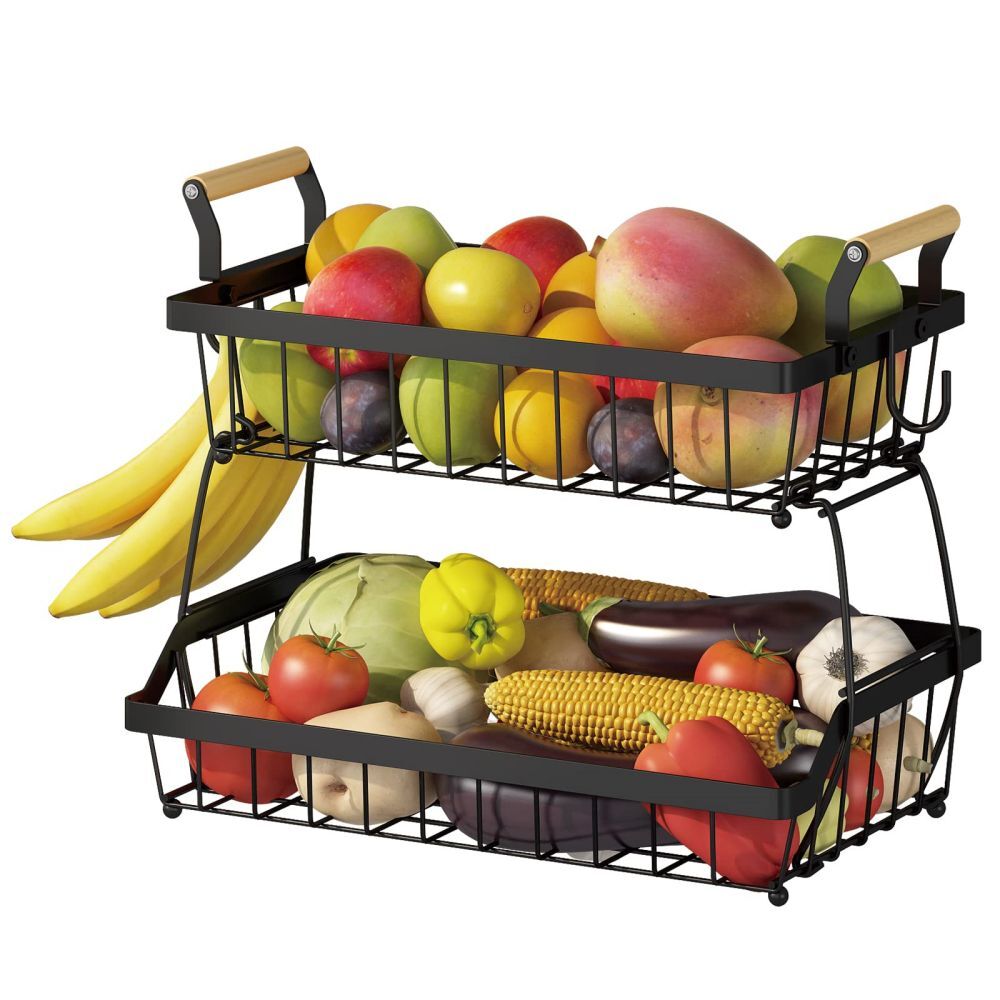IVV 2 Tier Countertop Fruit Basket Bowl with 2 Banana Hangers, Kitchen