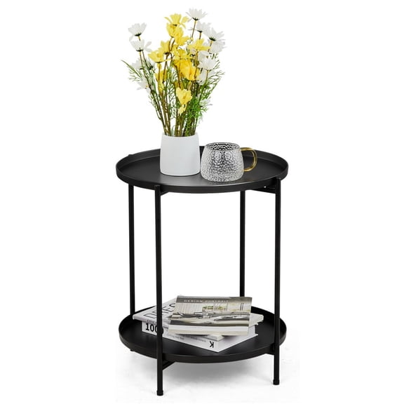 IVV 2 Tier End Table - Small Metal Side Table with Removable Tray and X-Structure Base for Indoor Outdoor Living Room Bedroom Balcony and Patio (Black)