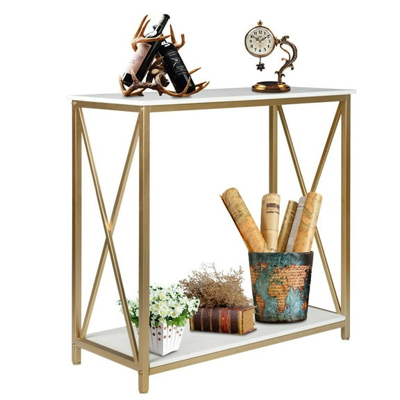 IVV 2-Tier Entryway Table, 30" Console Table with Open Shelf and Metal Frame, Narrow Sofa Table Behind Couch for Living Room, Couch, Hallway, Foyer, White and Gold