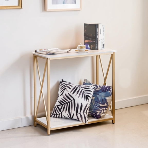 IVV 2-Tier MDF Console Table with Metal Frame and Lower Shelf  30"L x 13.8"W x 30.7"H, for Entryway, Living Room, Sofa Behind, Easy Assembly, White+Gold