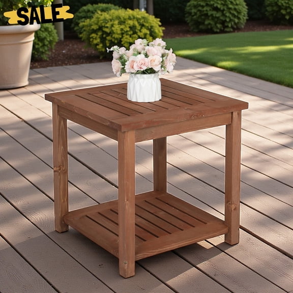 IVV 17.7" Square Side Table, 2-Tier Fir Wood Accent End Table in Carbonized Finish, for Living Room, Patio, Deck, Balcony, Indoor & Outdoor Use