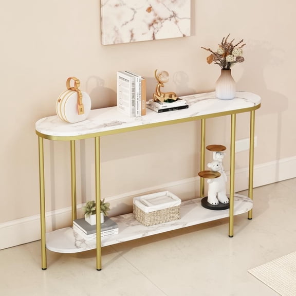 IVV 2-Tier Oval Console Table with White Faux Marbling MDF Top & Gold Metal Frame, for Entryway, Foyer, Living Room, 42.1"L x 11.4"W x 30.5"H