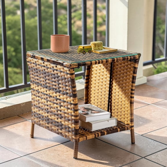 IVV 2-Tier PE Rattan Side Table with Tempered Glass Top & Iron Frame, 18.11" Square Accent End Desk w/ Open Shelf, for Living Room, Patio, Balcony, Deck, Easy Assembly, Yellow