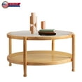 thumbnail image 1 of IVV 2-Tier Round Coffee Table with Tempered Glass Top, Rattan Shelf, and Rubberwood Frame, Ideal for Living Room, Bedroom, Balcony, Patio - 31.5"Dia x 17.3"H, Natural, 1 of 10