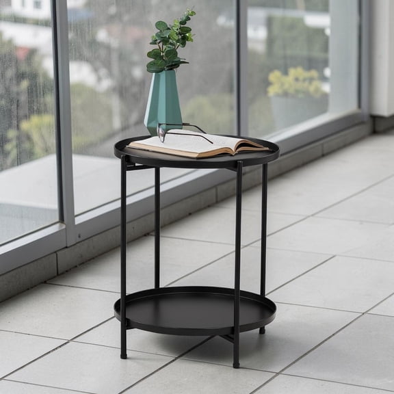 IVV 2-Tier Round Side Table with Removable Trays & Adjustable Feetpads, Powder-Coated Metal End Desk Plant Stand Snack Table for Patio, Balcony, Living Room, or Bedroom, Easy Assembly, Black