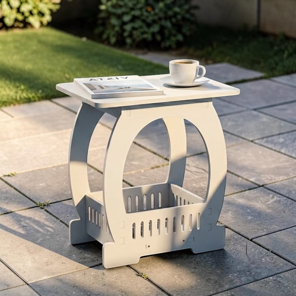 IVV 2-Tier Side Table with Storage, PVC Construction, Lightweight & Easy to Move, Modern End Table for Bedroom/Living Room/Patio/Indoor & Outdoor Use, White