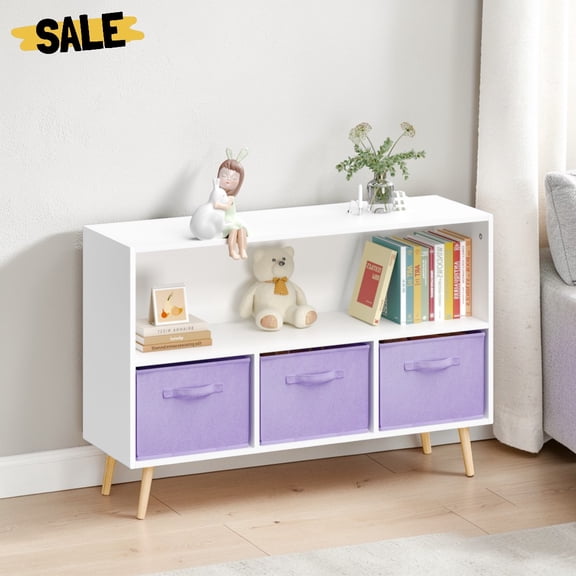 IVV 2-Tier Small Bookcase with 3 Fabric Drawers and Open Shelf, 35.43-Inch Wooden Storage Organizer Rack w/ Pine Legs, Purple+White