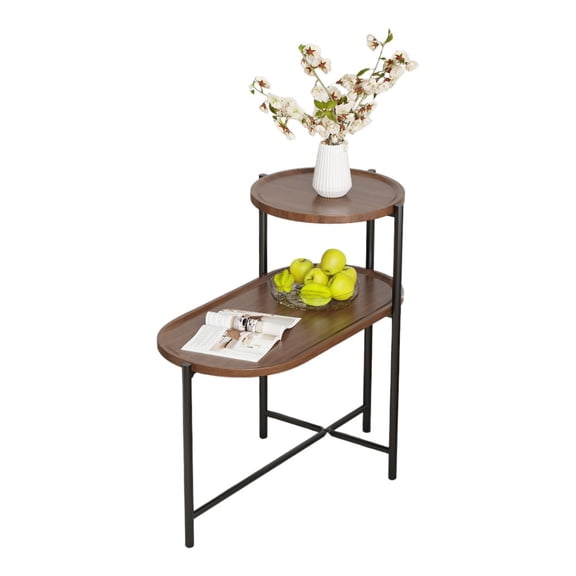 IVV 2-Tier Small End Table with Storage MDF Trays, Modern Accent Table with Metal Frame, Sofa Side Table for Living Room, Bedroom (Walnut Brown)