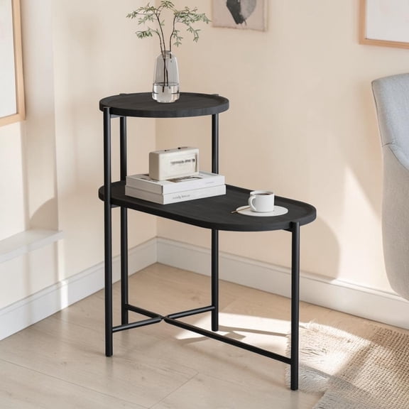 IVV 2-Tier Storage Side Table, Black MDF Trays & Sturdy Metal Construction, Multi-Use Nightstand End Desk for Small Space Apartment Office, Easy Assembly, Black