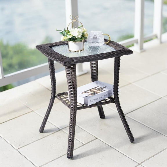 IVV 2-Tier Wicker Side Table in Gray, Outdoor 18" Square End Table with Water Ripple Tempered Glass Top, Powder-Coated Steel Frame and Rattan Mesh Shelf, for Patio, Balcony, or Living Room
