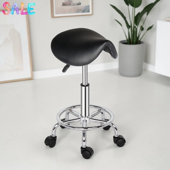 IVV 20"-25.6" Height Adjustable Backless Stool with 360° Rotating Casters, Black PU Leather Upholstered Saddle Seat, for Salon, Makeup Vanity, Tattoo, or Office