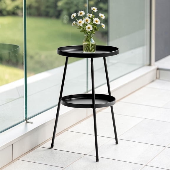 IVV 20"H Round 2-Tier Metal Side Table, Space-Saving Small End Table Plant Stand with Raised Tray Rim for Home Corner Balcony Apartment Decor, Black