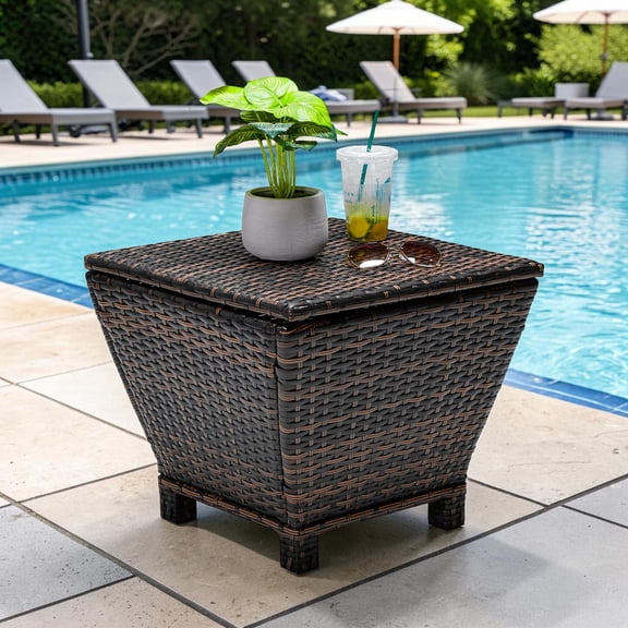 IVV 20" Rattan Trapezoid Side Table, Outdoor Patio End Table with Flip Lid & Hidden Storage, Weather-Resistant for Garden, Deck, Poolside, 13-Gallon, Brown