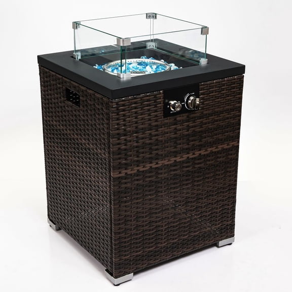 IVV 21.7in Outdoor Propane Gas Fire Pit Table, 40,000 BTU PE Rattan Gas Firepit with Glass Wind Guard, Steel Tabletop, SUS Burner, Electronic Pulse Igniter, Rain Cover, Brown