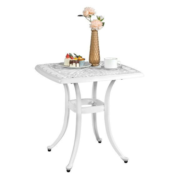 IVV 21" Square Patio Dinning Table, Outdoor Cast Aluminum End Table Side Table with 2" Umbrella Hole, White