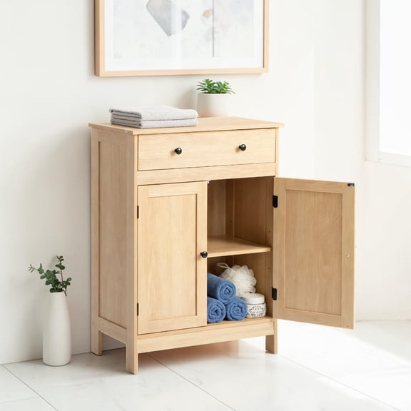 IVV 23.6 Inch Bathroom Cabinet, Freestanding Storage Cupboard with Double Doors and Top Drawer, Space-Saving Design for Powder Room/Entryway/Office, Natural