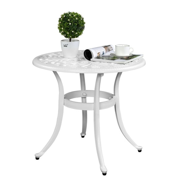 IVV 23.6" Round Patio Bistro Table, Outdoor Cast Aluminum Side Table with 2" Umbrella Hole, White