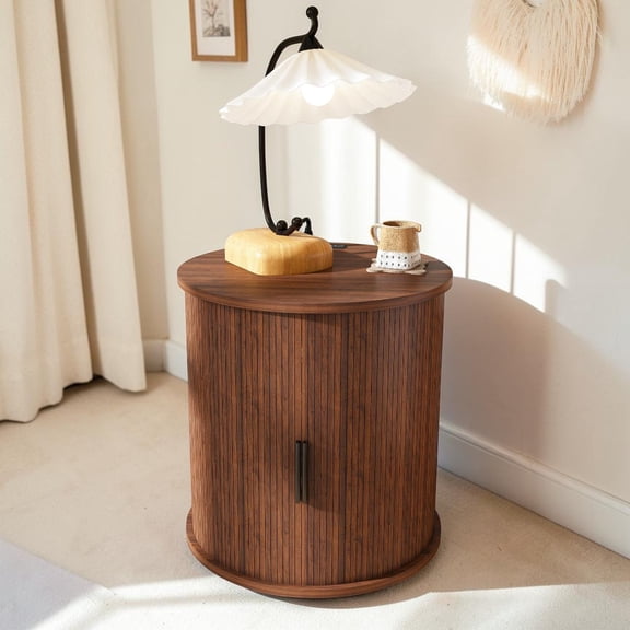IVV 23.62" Fluted Cylindrical Nightstand with Charging Station, Soft Close Sliding Doors, Adjustable Feet and Lockable Casters, 2-Tier Storage Rolling Side Table for Bedroom Living Room, Walnut