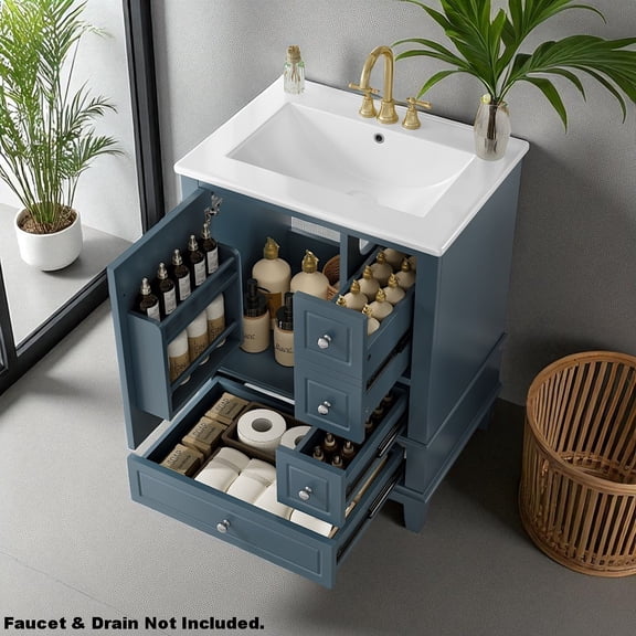 IVV 24" Bathroom Vanity Set with White Ceramic Sink, Freestanding Storage Cabinet with 3 Drawers, Storage Shelf, Soft-Closing Door, Modern Sink Cabinet for Small Bathrooms - Gray Blue