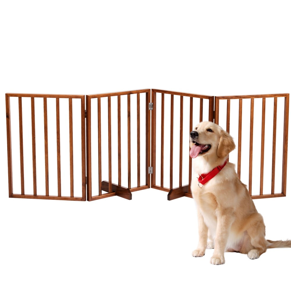 IVV 24" H Freestanding Pet Gate, 4-Panel Wooden Dog Fence with 2 Support Feet, Folding Dog Gate for Indoor, Stairs, Doorway, Halls, Kitchen Pet Barrier, Brown