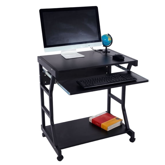 IVV 27.55" Small Rolling Computer Desk on Wheels, with Keyboard Tray and Bottom Shelf, for Bedroom, Living Room, Home Office, Black