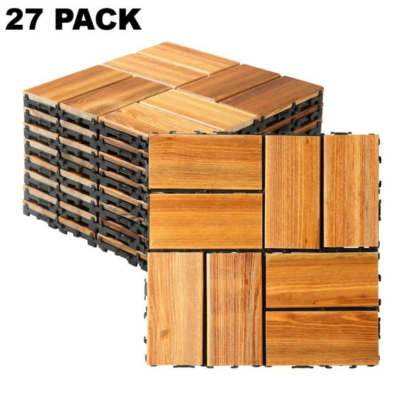 IVV 27 Pack Interlocking Deck Tiles, Outdoor Waterproof Patio Flooring Tiles, Premium Natural Pine Construction, for Balcony, Backyard, Indoor and Outdoor Use (Natural)