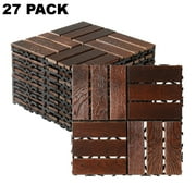 IVV 27 Pack Interlocking Patio Deck Tiles, Waterproof Pine Wood Flooring Tiles for Patio Garden Poolside, 12"x12" Indoor Outdoor Use (Walnut)