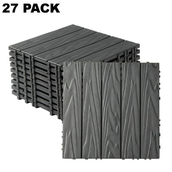 IVV 27 Pack Plastic Interlocking Deck Tiles, 12"x12" Waterproof Outdoor Flooring All Weather Use, Patio Floor Decking Tiles for Porch Poolside Balcony Backyard, Dark Gray